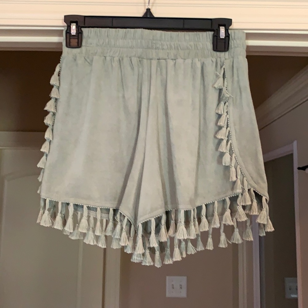 High waisted green fringe shorts